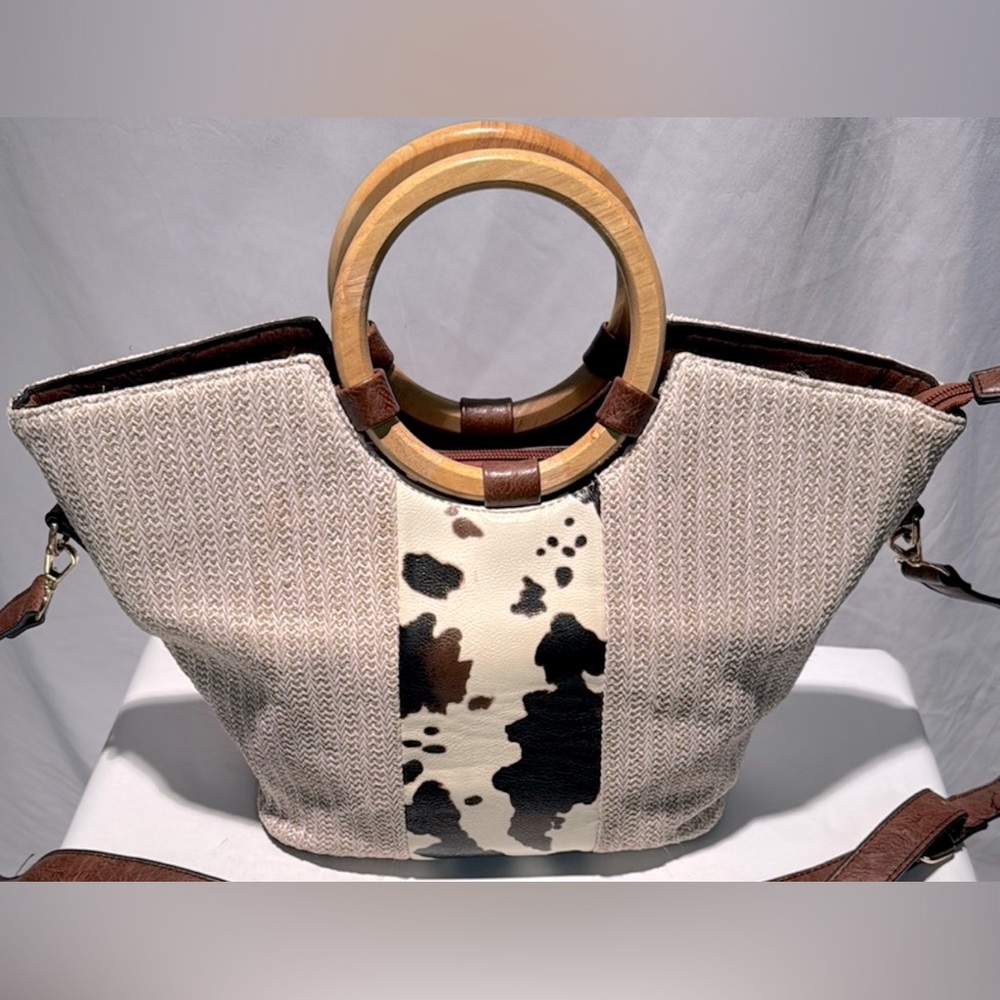 Brown and Cream Tote with Wooden Handles and Leather Strap